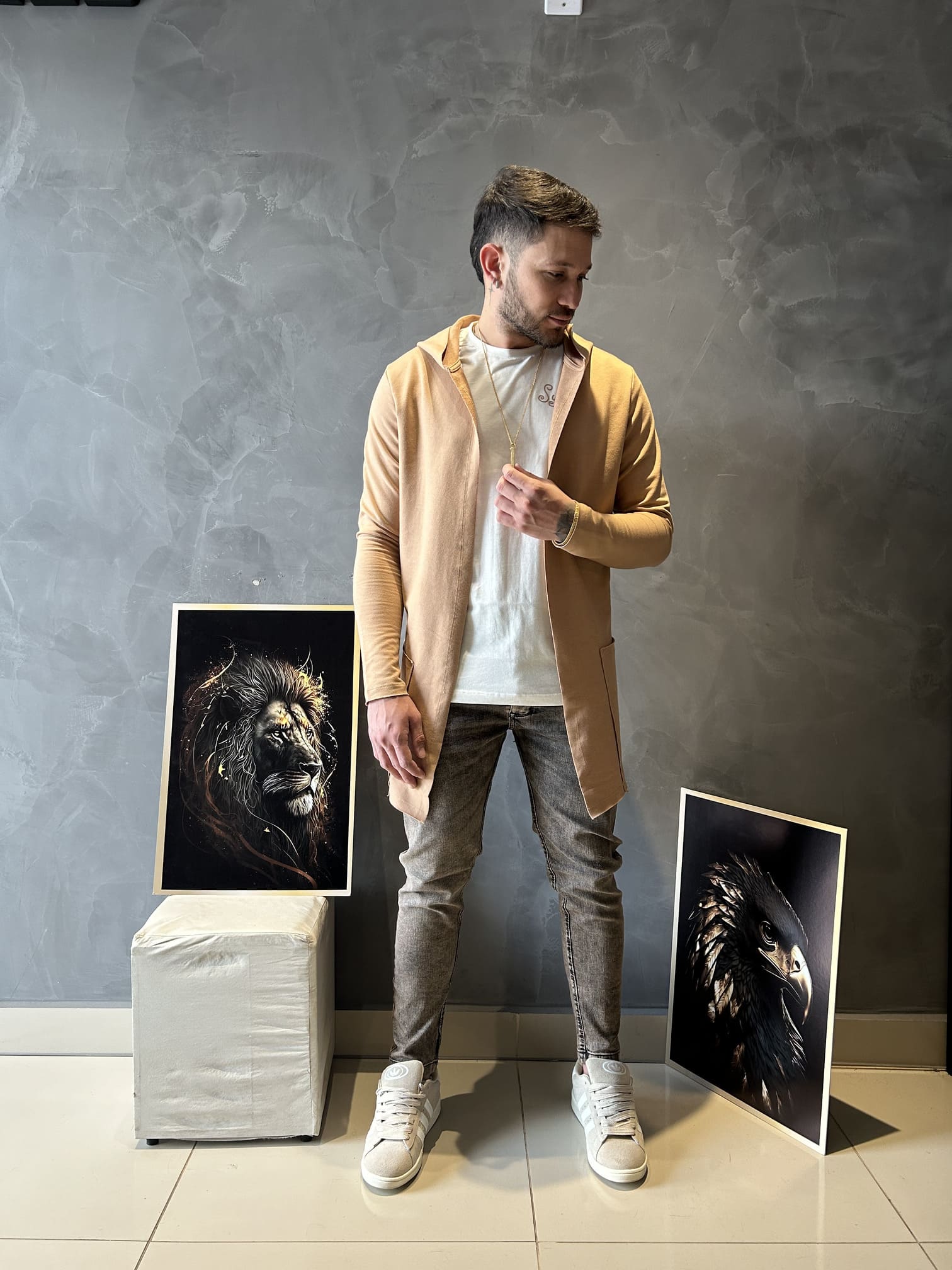 Cardigan Masculino Básico Canela Com Capuz