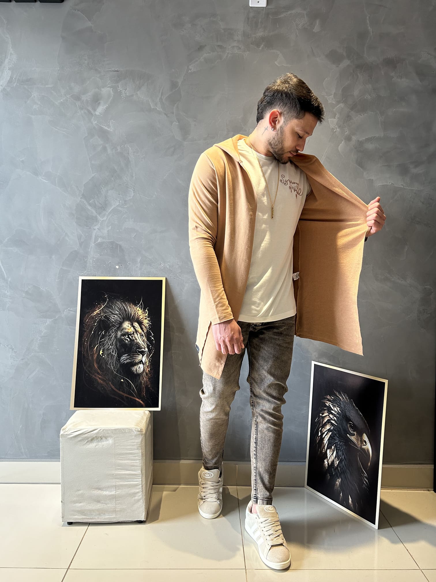 Cardigan Masculino Básico Canela Com Capuz