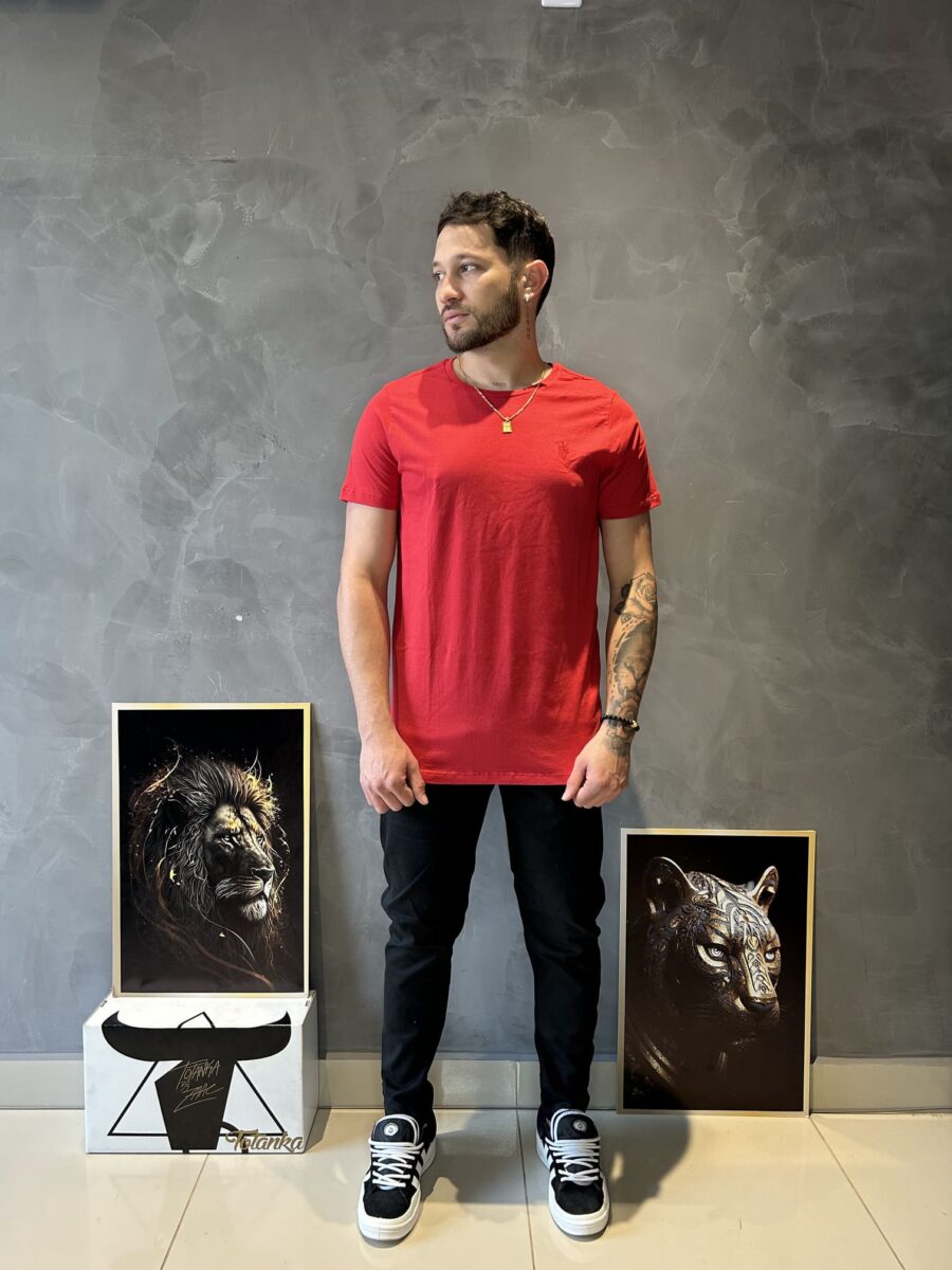 Camiseta Básica Bordado Masculina Vermelha